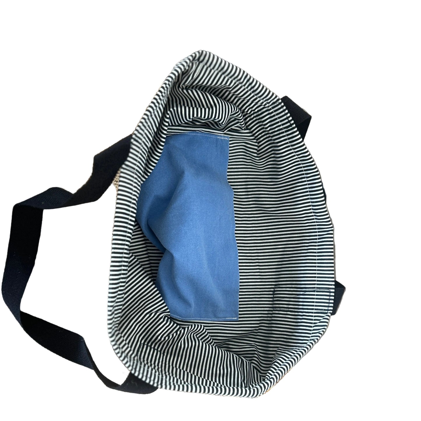 Reusable Shopping Bag - Black Carry Straps - Striped Lining