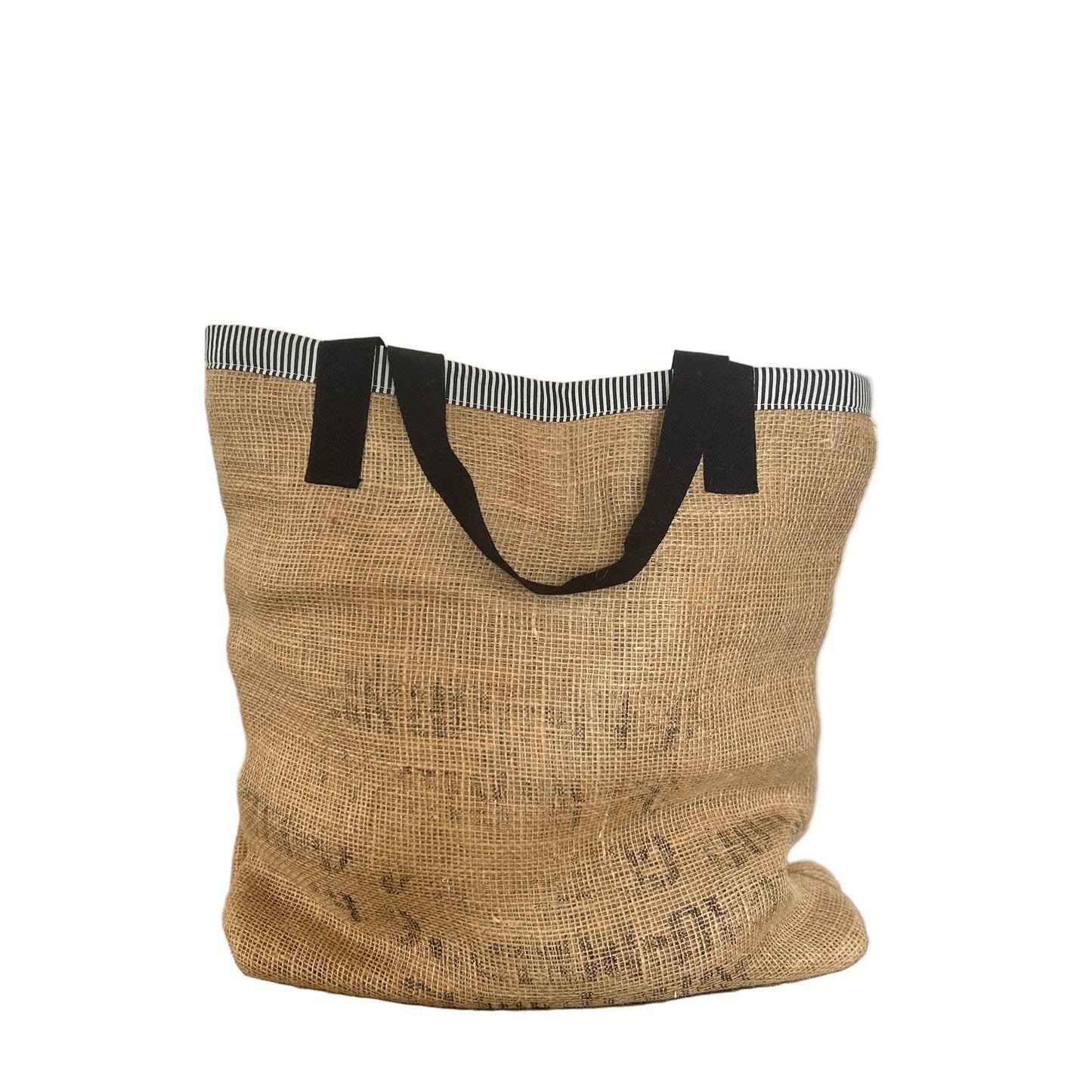 Hessian tote bag with black handles on a white background