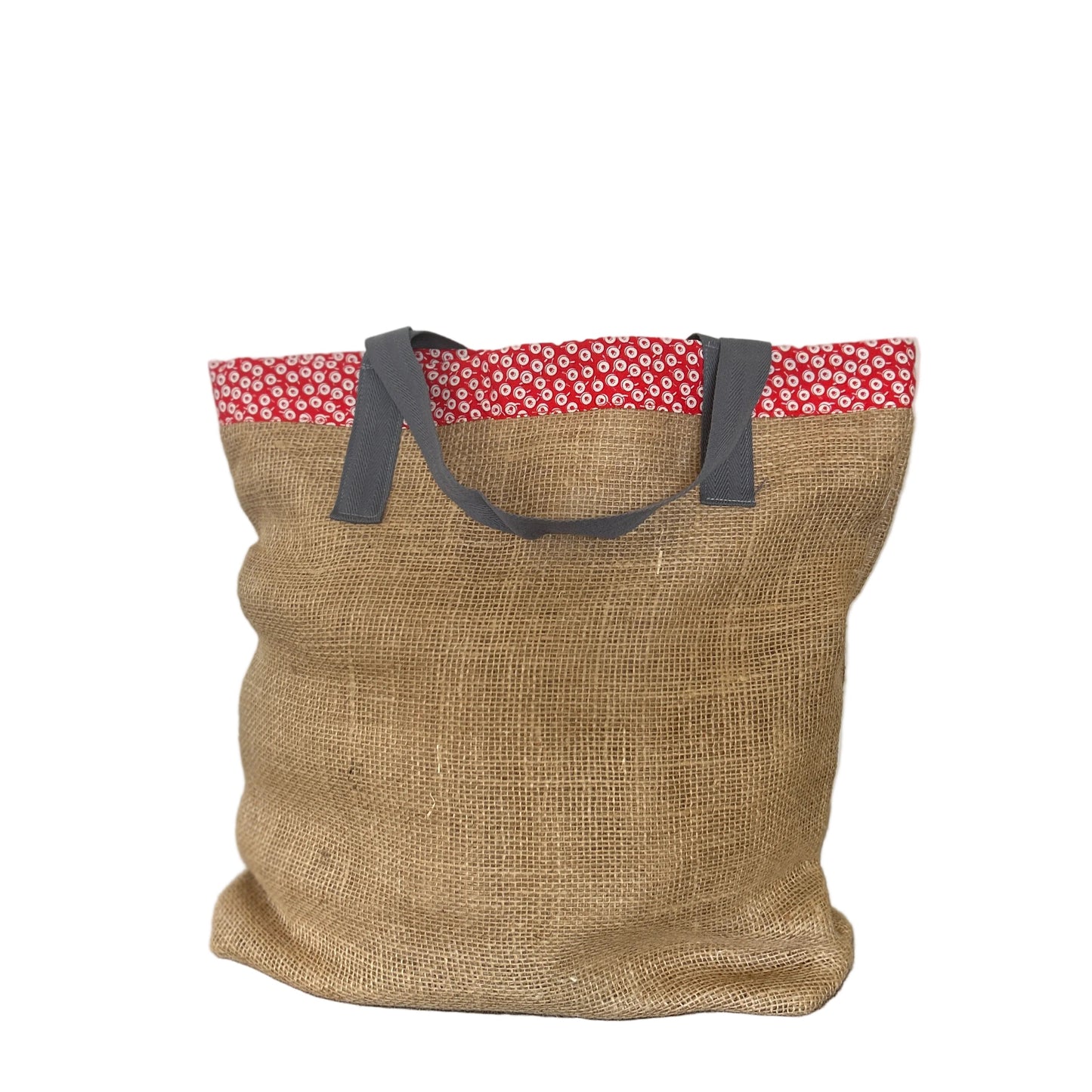 Hessian Tote bag with red floral top section with a white background.