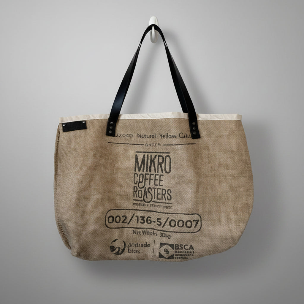 Tote bag made from a coffee bag with 'Mikro Coffee Roasters' branding on a white background